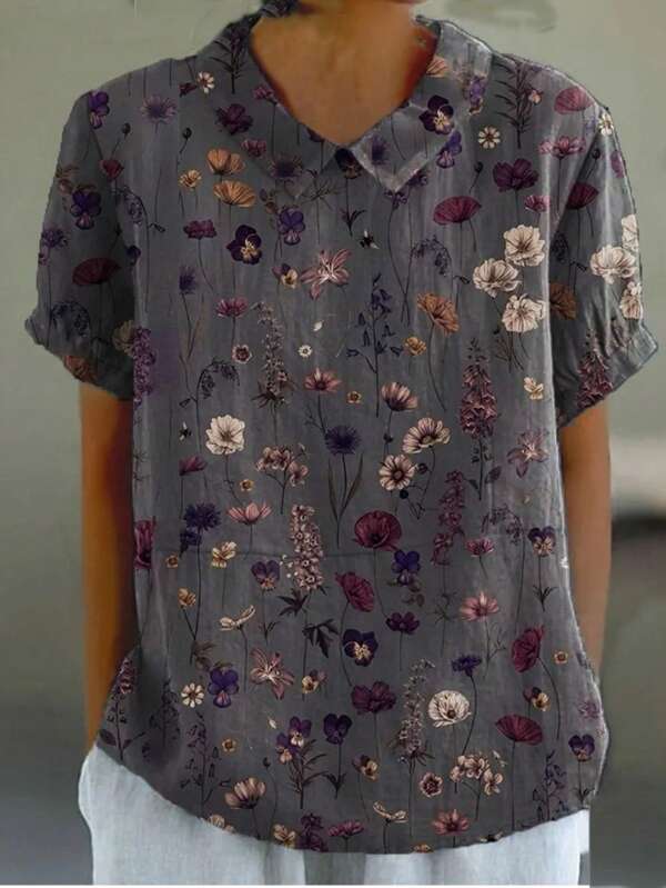 Women's Floral Print Short Sleeve Shirt With Back Button Detail - Casual Blouse Top For Spring Summer Fall, Daily Wear & Travel Outfits