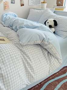 3件套 天蓝色 小清新 格子 女童 学生 小清新 超柔 可爱 四季 男女童 宿舍换装被套 居家床上用品 套件 不含被芯 单人大号双人床