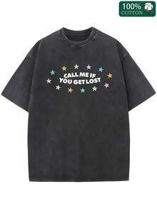 1 Piece, Washed Printed T-Shirt 230g, Interesting Multi-Color Stars, High-Quality Wax Printed Cotton Retro Fashion Brand T-Shirt, Suitable For Summer T-Shirt With A Certain Thickness, Holiday Gift - 黑色 - 查看 1