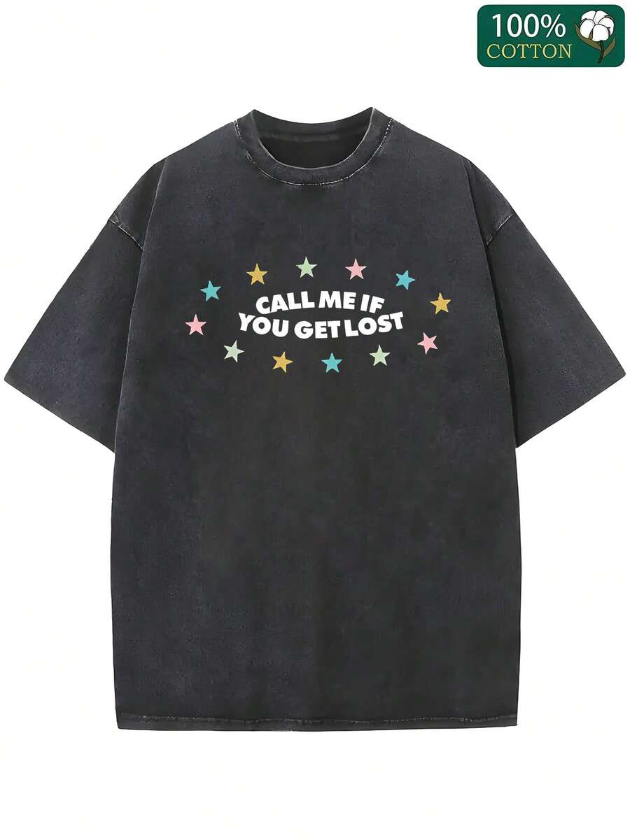 1 Piece, Washed Printed T-Shirt 230g, Interesting Multi-Color Stars, High-Quality Wax Printed Cotton Retro Fashion Brand T-Shirt, Suitable For Summer T-Shirt With A Certain Thickness, Holiday Gift - 黑色 - 查看 1