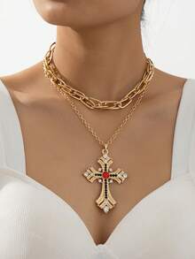 1 件欧美夸张水钻镶嵌双层吊坠项链，适合节日礼物、派对和日常佩戴 - 彩色 - 查看 8