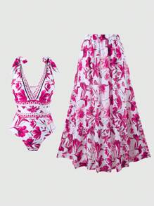 2024 New European & American Cross-Border Women One-Piece Swimsuit With Skirt, Fashionable, Slimming, Sexy Swimwear