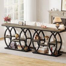 LITTLE TREE 39.4" Console Table, Industrial 4-Tier Sofa Table Entryway Table, Narrow Wood Accent Table For Living Room, Hallway, Foyer, Rustic Brown - 灰色 - 查看 6