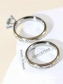 1 Pair Stainless Steel Rhinestone Rings, Fashion Simple Versatile Couple Rings, Summer Jewelry Accessory - Silver - View 4