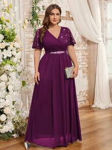 Plus Butterfly Sleeve V-Neck Floral Lace Contrast Chiffon Rhinestone Ribbon Waist Evening Party Maxi Dress - Màu Tím - Xem 5