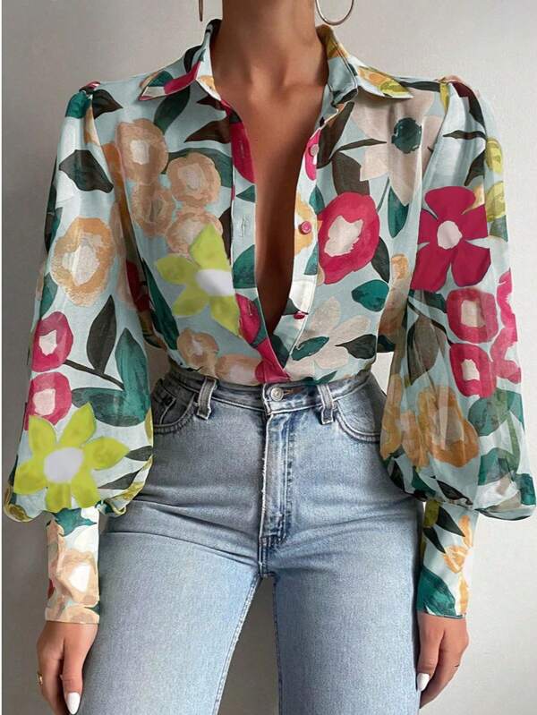 Camicie con stampa floreale vintage, modello primavera 2024, camicetta elegante da ufficio, moda, con collo a revers, maniche a lanterna, bottoni, manica lunga