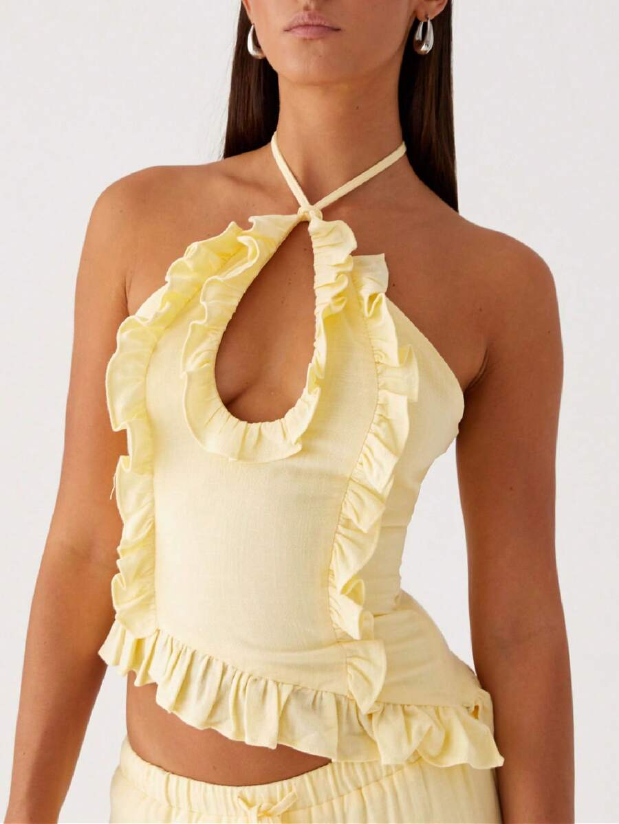 Women Ruffle Frill Halter Tops Sexy Cutout Backless Cami Tanks Asymmetrical Hem Y2K Slim Fit Cute Going Out Summer Crop Top - Yellow - View 1