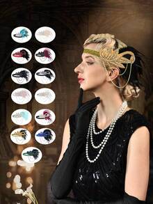 D EXCEED 1/3/6 件 20 世纪 20 年代轻佻女郎头带配饰仿羽毛手工串珠发带，适合盖茨比派对服装 - 紅色 - 查看 2