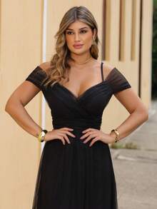 Elegant Off-The-Shoulder Long Dress Without Shine - Black - View 5