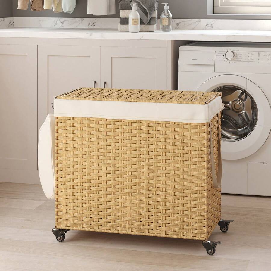 SONGMICS 42.3 Gallon Rolling Laundry Basket With Lid, 3-Section Synthetic Rattan Laundry Hamper With Removable Liner, 27.6x14.2x26 Inches Laundry Bin, For Bedroom, Bathroom, Natural - Natural Color - View 1