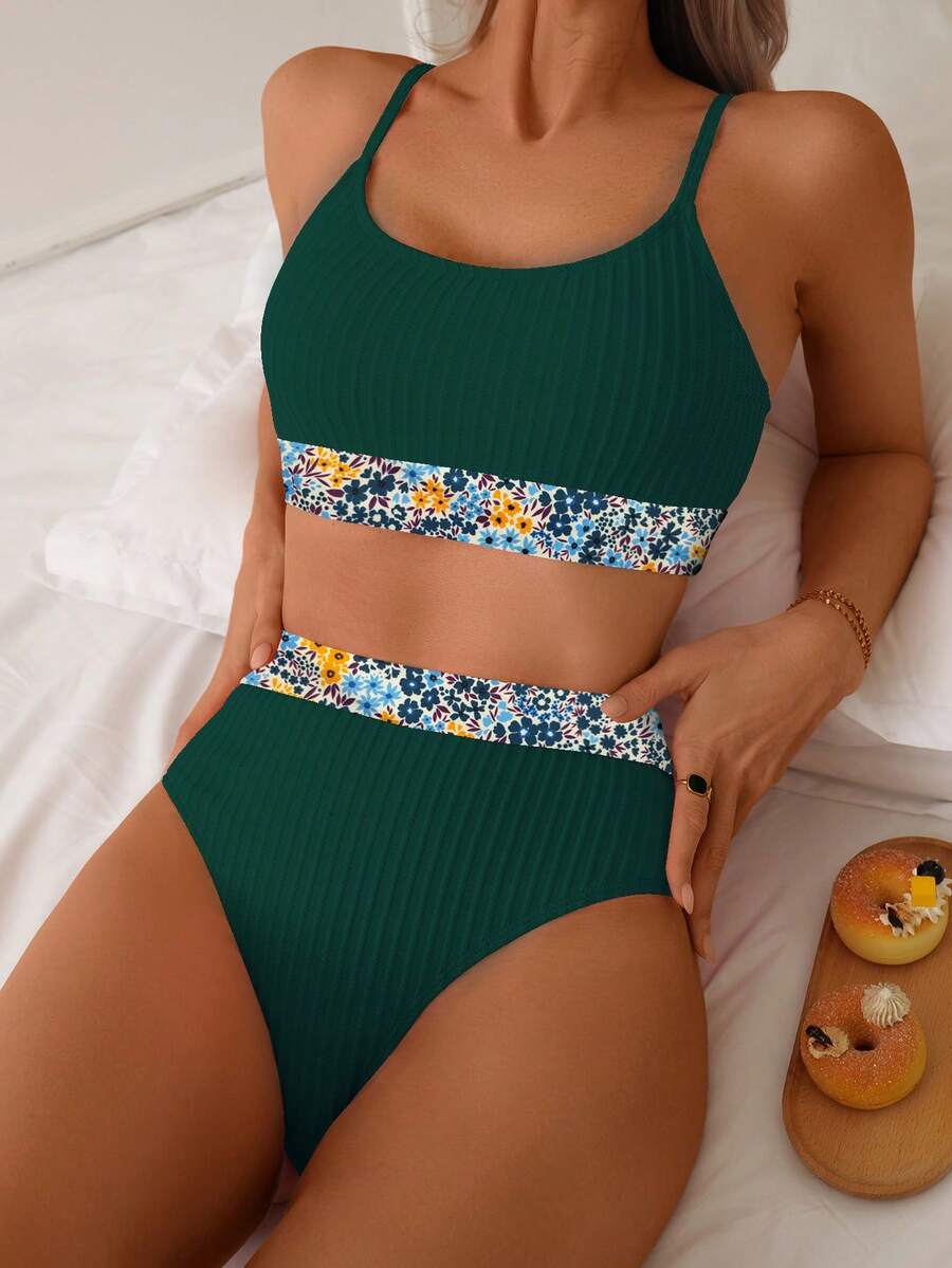 Women Peacock Blue Texture Patchwork Ditsy Floral Elegant Swimwear Set, Suitable For Beach, Swimming Pool, Vacation