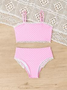 Bộ bikini chấm bi viền ren dành cho bé gái, thích hợp cho kỳ nghỉ thường ngày. - Hồng - Xem 3