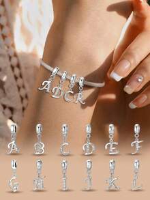 1pc 925 Silver 26 Letter Beaded Pendant, Suitable For Women's Bracelet, Bangle DIY Jewelry Making, Anniversary Gift, Elegant Women Jewelry