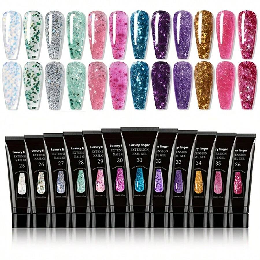 12pcs January Lanty's Poly Gel Nail Kit - Long-Lasting, High-Shine UV Gel In Vibrant & Glittery Colors, Easy-To-Use, Unscented, Ideal For Salon Or Home Use - Perfect Gift For Beauty Enthusiasts, Salon Quality Nails|Glittery Nail Finishes|Uv Protective Gel, Gel Nail Supplies - 彩色 - 查看 1
