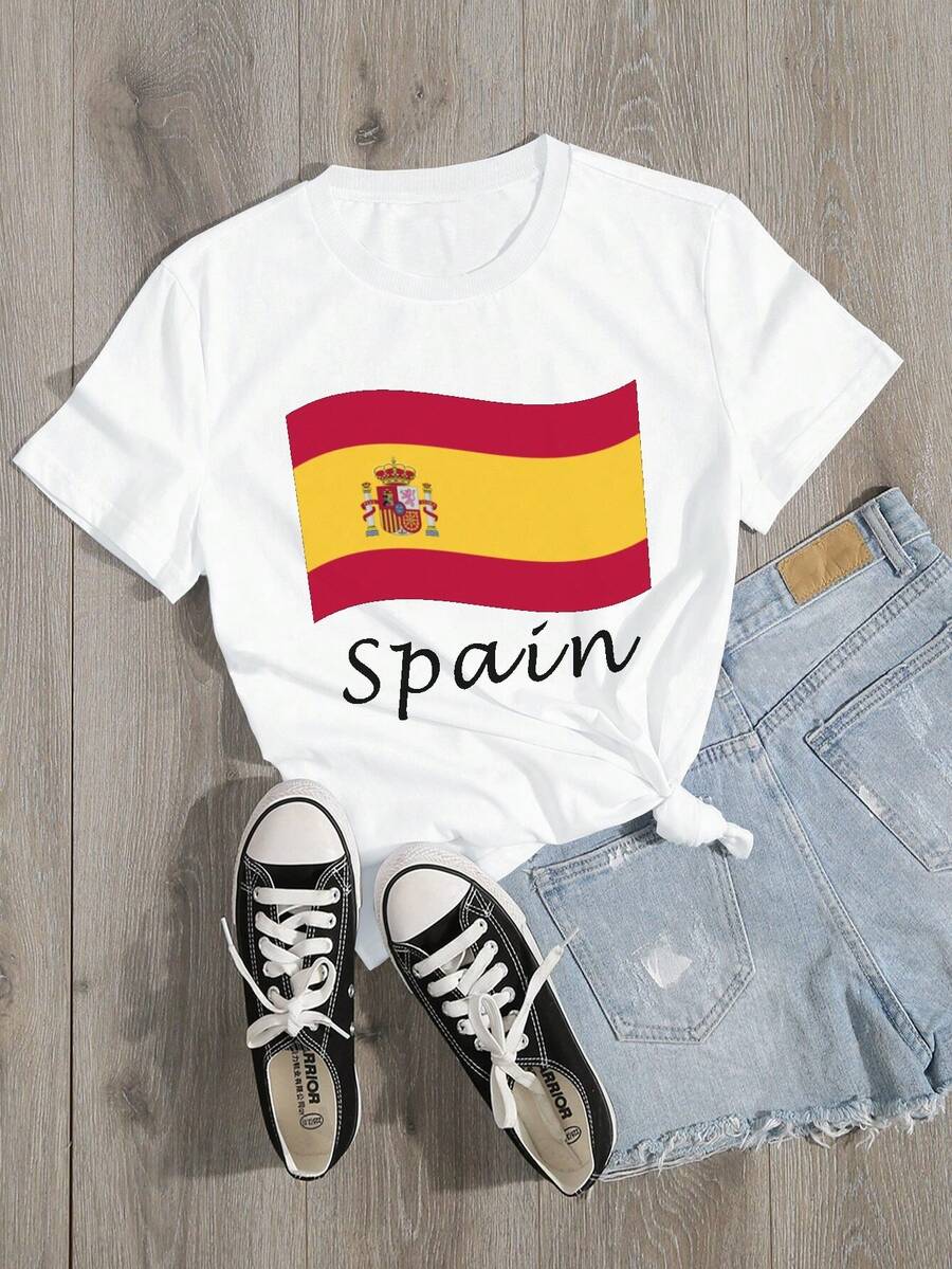 I Love My Country National Spain Pure Cotton Women's T-Shirt Comfort Fit - 白色 - 查看 1