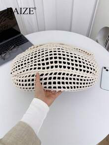 ENBEI Hollow Out Large Capacity Hand-Knitted Shopping Bag, Perfectly Matching With Vacation Outfits Women Handbag, Hollow Tote Bag, Shoulder Bag, Beach Wallet, Perfect For Summer, Vacation And Daily Use, Travel Essentials, Mother's Day Gift, Wallet Essentials, Teacher Gift, School Supplies, Beach Tote Bag Khaki With Pockets