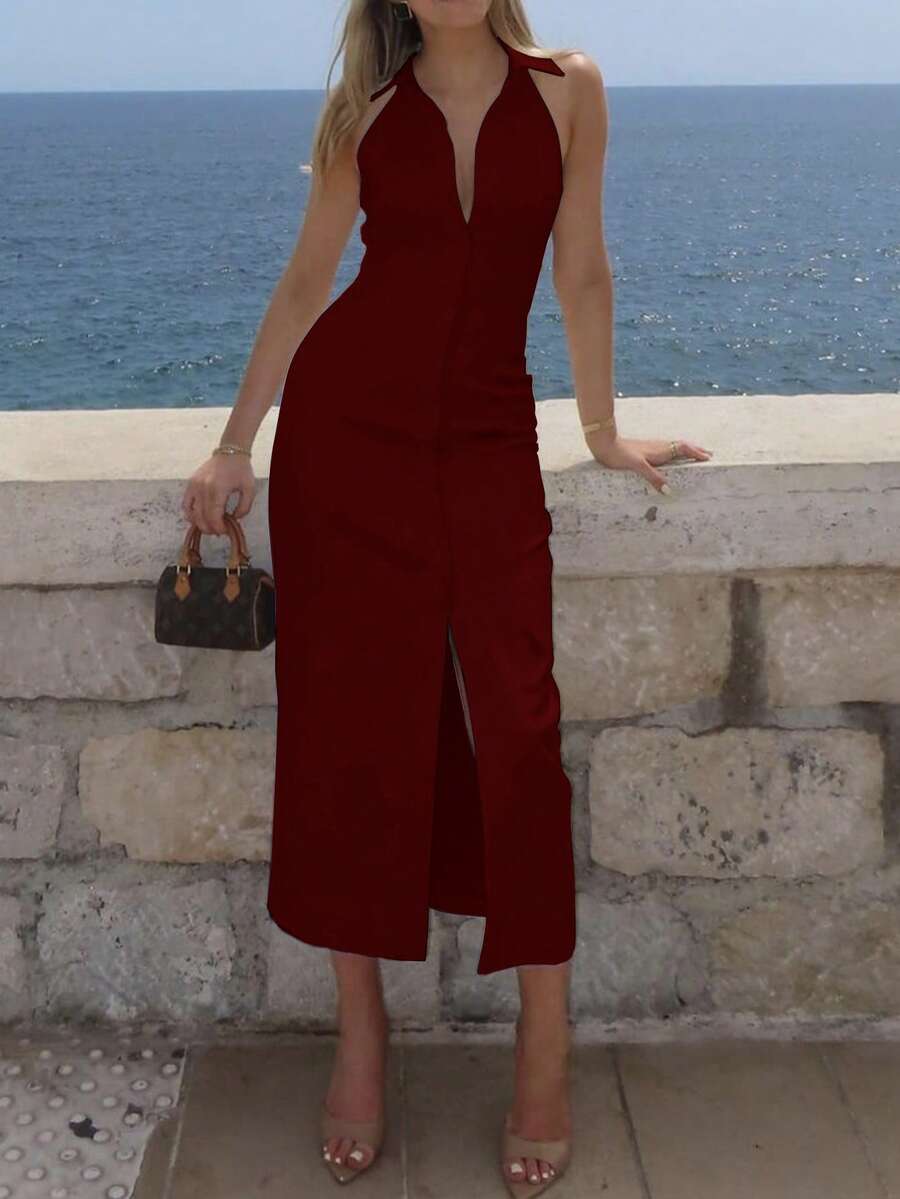 Vestido blanco elegante de trabajo, modelo nuevo 2025, diseño clásico de vestido camisa, ceñido al Body, vestido de playa con cuello halter sin mangas color burdeos para mujer