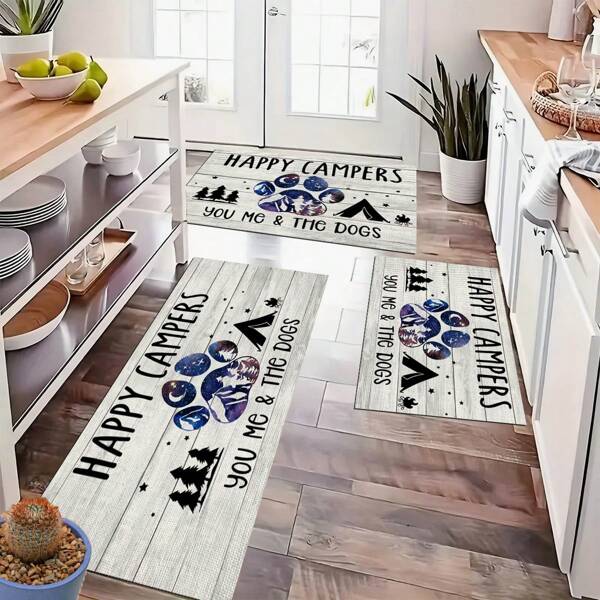 1pc Dog Paw Print Pattern Non-Slip Silica Gel Kitchen Rug, Mat, Carpet, 3D Printed Rectangle, Suitable For Living Room, Bedroom, Hallway, Bathroom, Laundry Room - Polyester Carpet, For Indoor Outdoor Home Decor