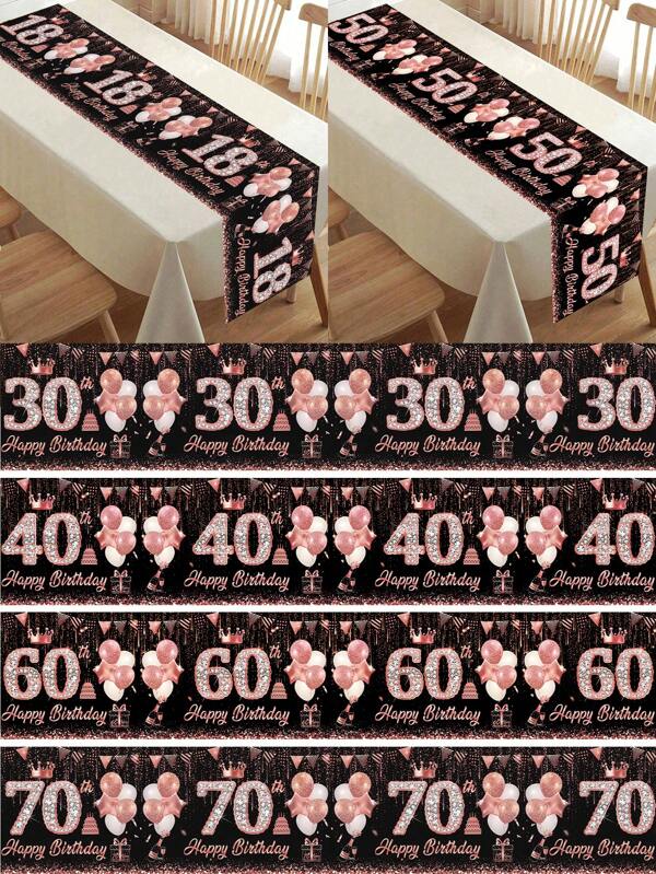 1 pièce Chemin de table or rose pour 18ème, 30ème, 40ème, 50ème, 60ème, 70ème anniversaire, motif de ballons, nappe d'anniversaire en polyester "Joyeux Anniversaire", décorations de fête d'anniversaire et d'anniversaire, nappe de célébration de fête, nappe de décorations de fête