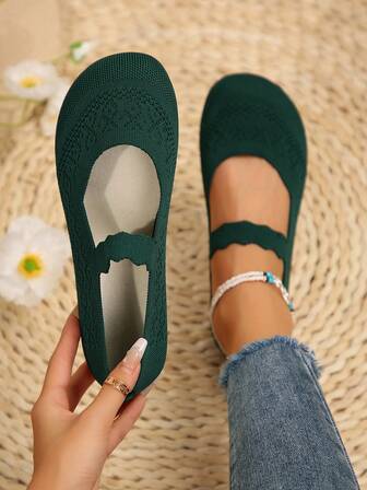 2025 Herbst Damen Ganzjahres Gestrickte Mary Jane Flache Schuhe, einfarbig Slip-On Rundkappe, Obermaterial und Futter aus Stoff, Gummilaufsohle, handwaschbar