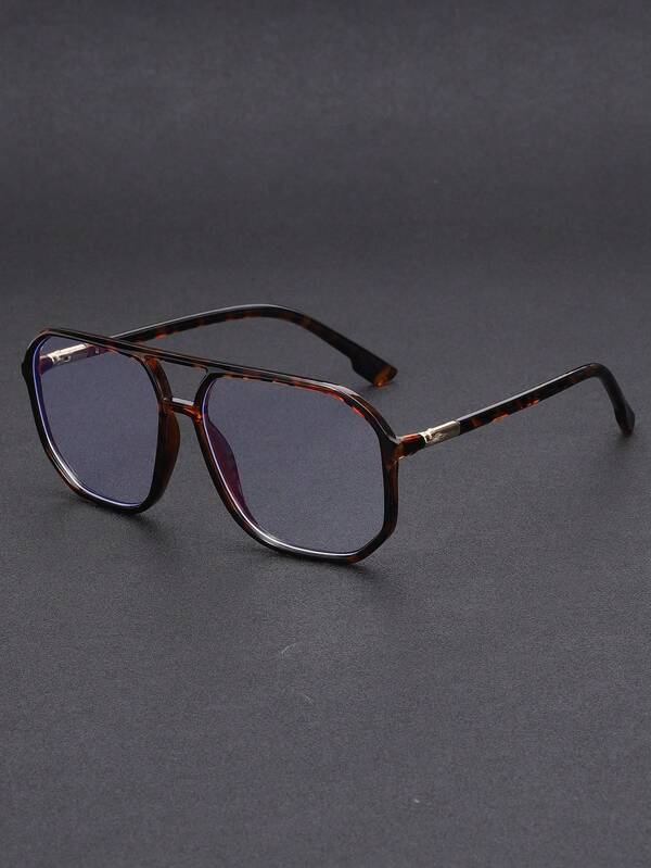 1 Pair Men's PC Polygon Shaped Stylish Flat Glass Eyeglasses, Double Bridge Frame, Suitable For Daily Wear, Parties, Playing Computer Games, And Office Work