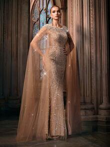 Women Elegant Champagne Beaded Sequin Mermaid Formal Evening Gowns Spring Summer Mermaid Cocktail Party Wedding Guest Maxi Dresses Gala Banquet Dinner - Champagne - View 8