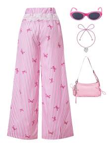 时尚甜美女孩休闲简约条纹蝴蝶结阔腿裤，蕾丝腰设计，适合春秋夏季户外穿着、聚会、校园、女孩日常穿着 - 粉色 - 查看 3