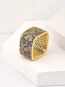 1pc Colorful Zirconia 18K Gold Plated Copper Square Ring, Luxury Jewelry Gift For Women, Friends, Lover, Party - Simple Wide Face Ring - View 8