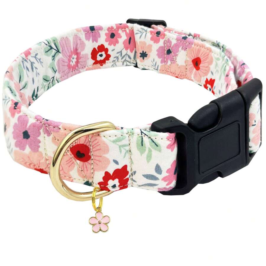 Soft & Comfortable Floral Print Pet Dog Collar With Pendant, Adjustable Washable Cute Dog Necklace