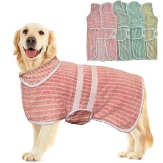Bata de baño para perro de secado rápido, toalla de baño a rayas para perro, bata de baño de mascota súper absorbente con cinturón ajustable, de tela suave