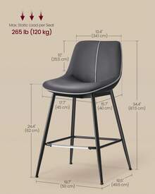 VASAGLE Bar Stools Set Of 2, Counter Height Bar Stools With Back, Ergonomic Backrest, Synthetic Leather, Metal Legs, 24.4-Inch Tall Stools For Kitchen Island Home Bar - màu đen - Xem 5