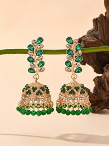 Fashionable Colorful Water Droplet Rhinestone, Rice Bead Inlay Leaf Shaped Earrings, Bohemian Style Ear Jewelry Suitable For Women's Daily Wear