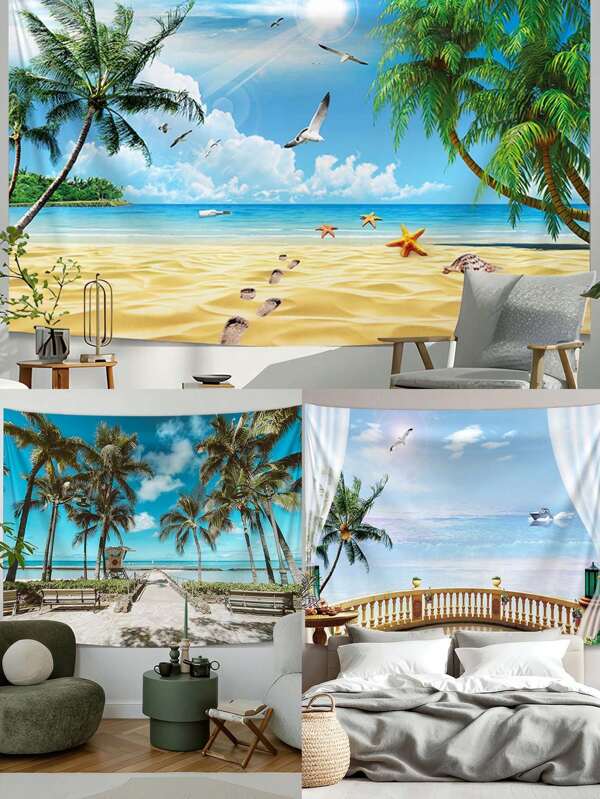 1pc 70.8"X90.5" Beach Landscape Tapestry With Coconut Tree, Beach, Blue Sky & White Cloud Pattern, Decor Banner For Party Celebration, Photography, Wall Hanging