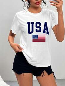 Damen lässiges Lässig Kurzarm einfaches T-Shirt mit Buchstaben- und USA-Flaggen-Muster-Druck - geeignet für den Sommer