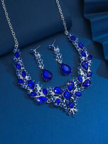 3 件套女士时尚珠宝 - 耳环 + 项链，波西米亚蓝色水钻闪亮高端时尚珠宝套装，派对/礼物 - 彩色 - 查看 2