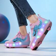 Patines de ruedas con luces LED de 4 ruedas, calzado deportivo de caña alta para exterior con ruedas retráctiles y frenos, diseño de moda para adolescentes, estudiantes y parejas - Rosa - Ver 9