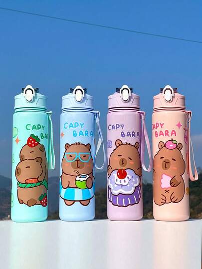 1 Borraccia per bambini e bambine con design di animali cartoni animati, capacità di 800ml, a prova di perdite e fuoriuscite, con cannuccia e cordino, adatta per asilo, scuola dell'infanzia, a forma di capibara, ottimo regalo per la Festa dei Bambini, laurea, attività all'aperto, studenti