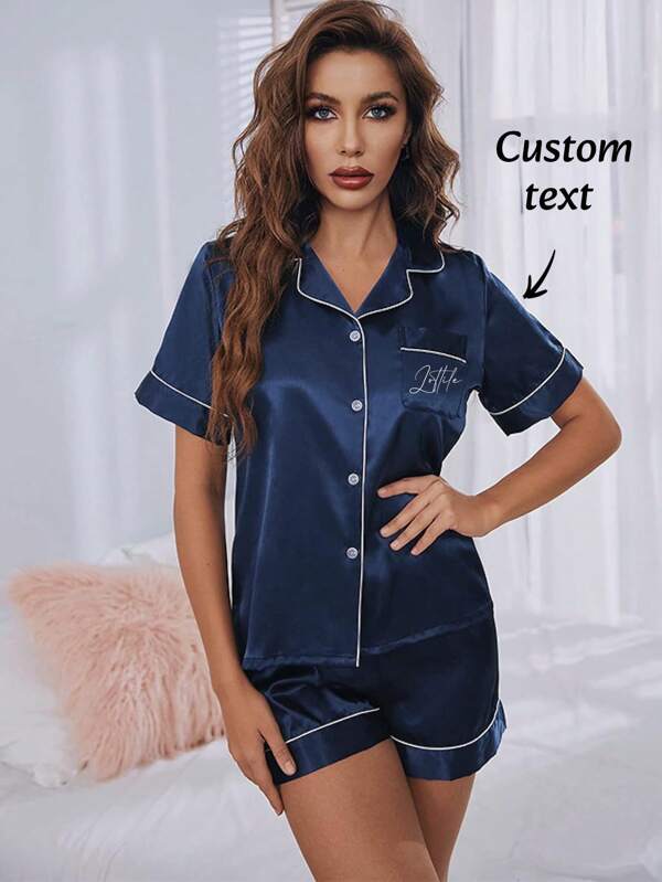 Conjunto de pijama feminino personalizado de duas peças com lapela de seda e cetim - Conjunto de pijama de verão com botões, manga curta + shorts com cós elástico, roupa de dormir, camisola macia para corrida, trajes para adultos, presentes para o Dia das Mães, multifuncional, ornamental, reutilizável, requintado, elegante, de alta qualidade, colorido, moderno, personalizado, único, presentes ideais para ele, presentes ideais para ela na volta às aulas