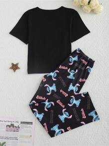 Disney Conjunto de pijama de 2 piezas con estampado de dibujos animados, Stitch, autorizado, de mujer. Incluye top de manga corta y cuello redondo, y pantalones. Confeccionado en tela de punto cómoda para uso en el hogar. Estilo casual elegante y romántico, ideal para vacaciones.