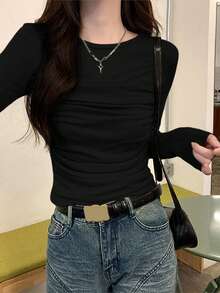 新款韩版极简纯色性感褶皱修身长袖休闲女式T恤 黑色 春季 - 黑色 - 查看 5