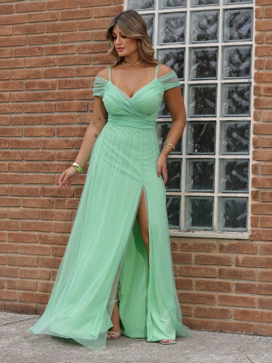 Elegant Off-The-Shoulder Long Dress Without Shine - Màu xanh Bạc hà - Xem 1