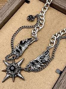 1pc Y2K Black Feather Wing & Star Pendant Necklace, Punk Hip-Hop Gothic Grunge Cool Girl Choker Multi-Layer Stacked Stainless Steel Chain, Goth Alternative Unique Collarbone Chain Edgy Dark Jewelry For Music Dance Festivals Or Vampire-Themed Evening Glam