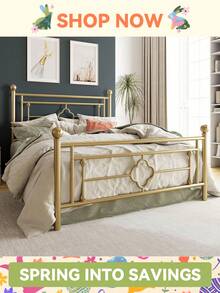 HOOMIC 14 Inch Metal Platform Bed Frame, Vintage Victorian Style, Wrought Iron Headboard And Footboard/Mattress Foundation For Storage, No Box Spring Required, Easy Assembly, Available In Twin Size/Full Size/Queen Size/King Size, Black/Glod/Pink/White * Bed Frame Queen Queen Bed Frame Bed Frame Full Full Size Bed Frame King Size Bed Frame Twin Bed Frame Room Decor Home Decor Christmas Decor Bedroom Decor Valentine Day Decor Storage Living Room Decor Furniture House Decor - 金色 - 查看 1