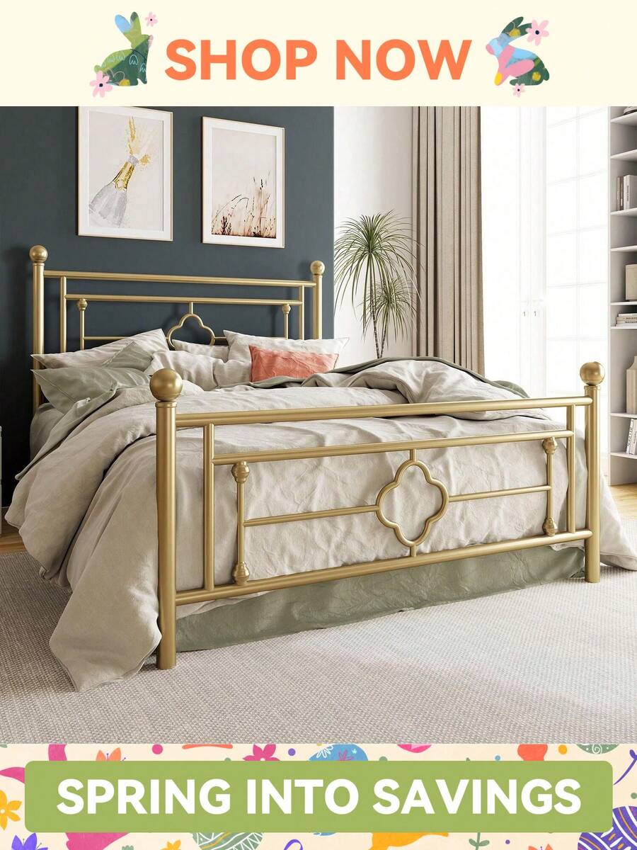 HOOMIC 14 Inch Metal Platform Bed Frame, Vintage Victorian Style, Wrought Iron Headboard And Footboard/Mattress Foundation For Storage, No Box Spring Required, Easy Assembly, Available In Twin Size/Full Size/Queen Size/King Size, Black/Glod/Pink/White * Bed Frame Queen Queen Bed Frame Bed Frame Full Full Size Bed Frame King Size Bed Frame Twin Bed Frame Room Decor Home Decor Christmas Decor Bedroom Decor Valentine Day Decor Storage Living Room Decor Furniture House Decor - 金色 - 查看 1