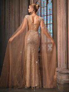Women Elegant Champagne Beaded Sequin Mermaid Formal Evening Gowns Spring Summer Mermaid Cocktail Party Wedding Guest Maxi Dresses Gala Banquet Dinner - Champagne - View 2