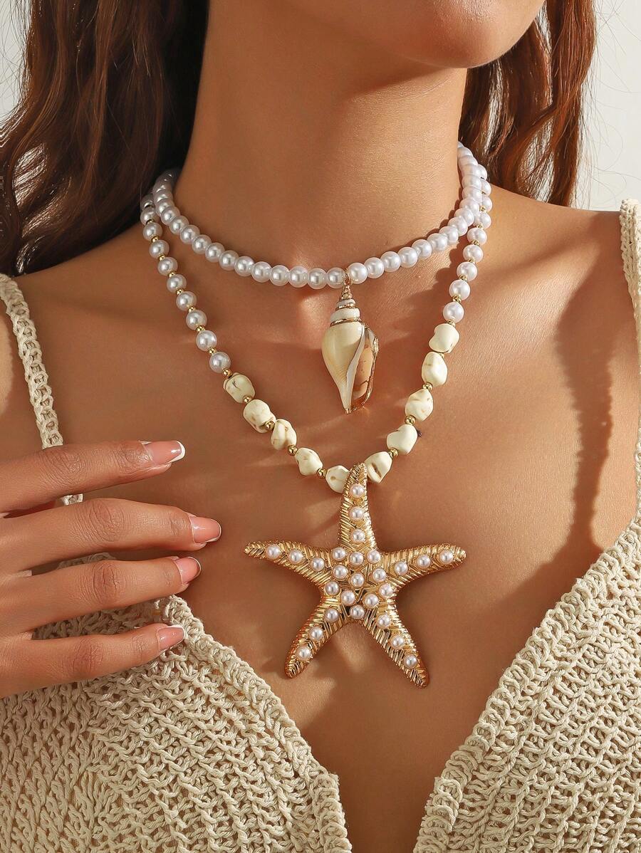 1 Peça Colar Artesanal Multicamadas com Contas de Pedra, Pérola, Pingente de Estrela do Mar Dourada de Metal, Para Mulheres Festa de Praia Viagem de Férias, Colar de Pérola de Concha Estrela do Mar, Acessório de Roupa de Praia para Meninas, Colar de Joias Exageradas, Colar de Estrela do Mar Robusto