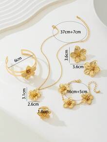 1 套女士珠宝，包括 1 条带可爱花卉金属吊坠的项链、1 对耳环、1 枚戒指、1 条手链和 1 只手镯 - 金黃色 - 查看 6