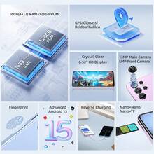 OUKITEL C1 无锁智能手机，6.52 英寸高清+显示屏，16(4+12)GB+128GB，Android 15 操作系统，双 4G SIM 卡，13MP+5MP 摄像头，5150mAh 电池，指纹解锁，OTG/GPS（不含充电器） - 藍色 - 查看 7