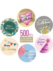 500pcs/Roll Happy Birthday Graffiti Stickers, 1 Inch Round, 6 Patterns Include Candle, Balloon, Flag, Ideal For Birthday Party, Gift Wrapping, DIY Decoration, PVC Waterproof Stickers - Multicolor - View 2