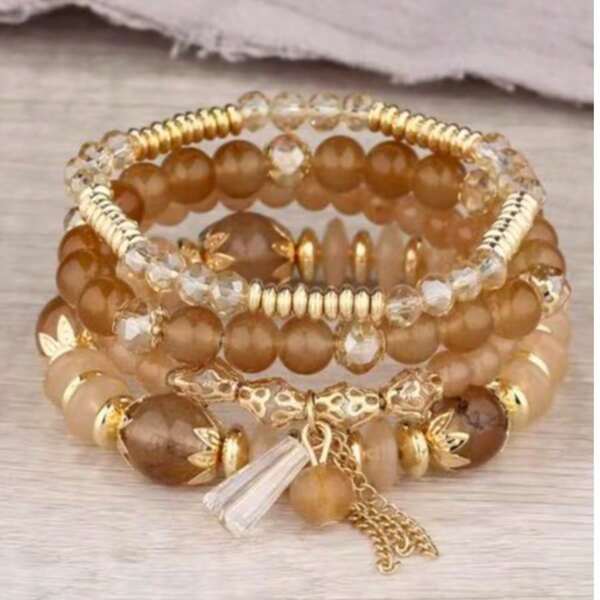 4pcs/Set Bohemian Multi-Layer Beaded Tassel Bracelets, Suitable For Women's Daily Wear
